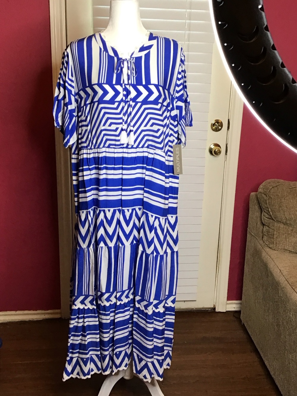 Multiples Blue and White Striped & Geometric Tiered Maxi Dress